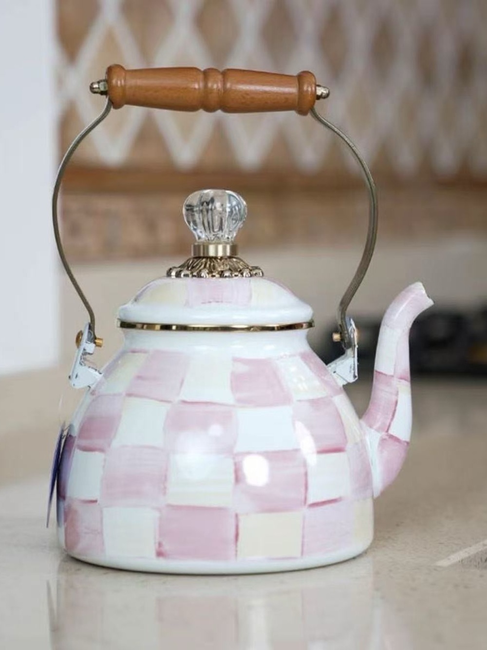 Decorative Pink Checkered Teapot Kettle with Wooden Handle